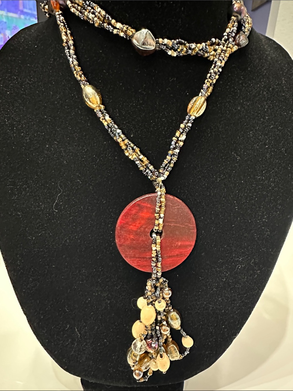 Boho Multi Strand Seed Bead Tassel Necklace Large Circular Focal Pendant